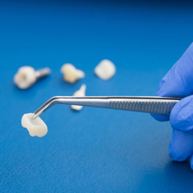 a dentist holding a dental crown with tweezers