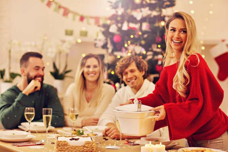 friends smiling at holiday gathering