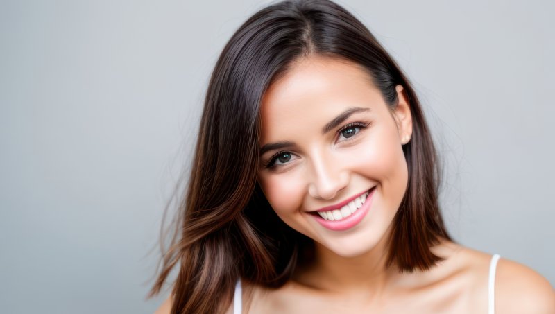 A smiling brunette woman who received cosmetic dentistry